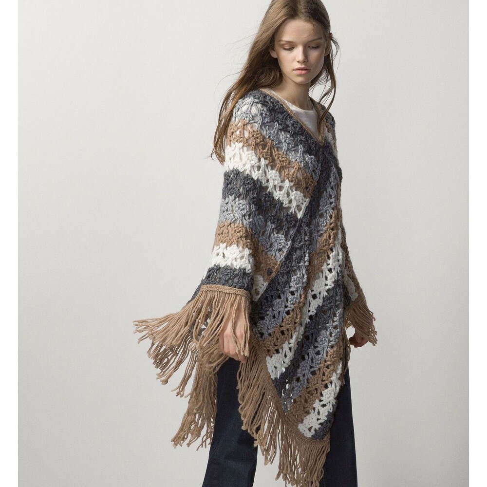Massimo Dutti Crochet Striped Poncho Alpaca Wool Blend